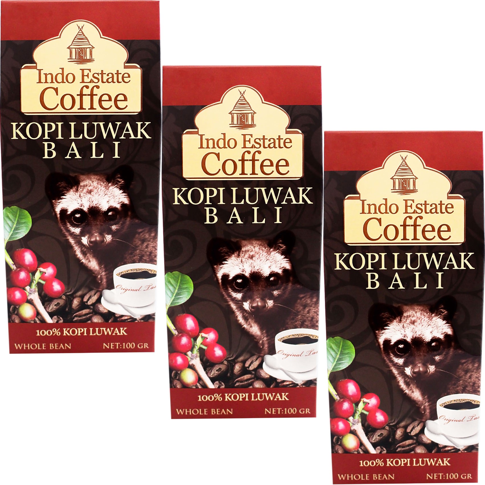 まとめ買いセット　Indo estate coffee　コピルアク Kopi Luwak Bali 100g 焙煎豆 x ３個