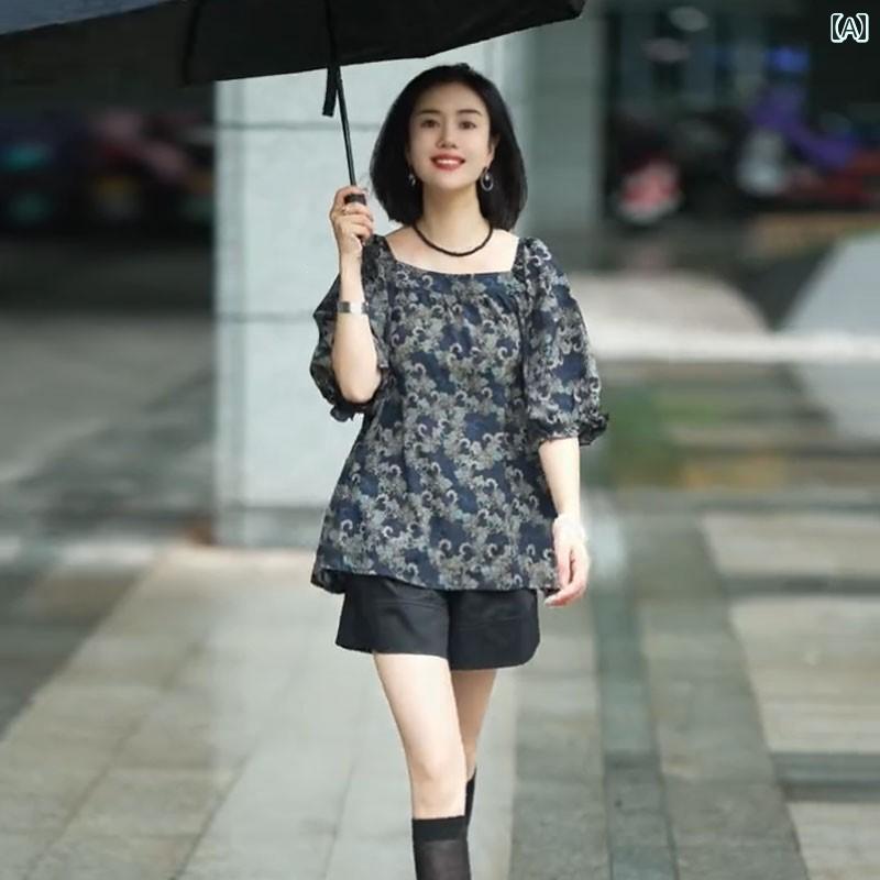 大きめサイズ レディース おしゃれ ファッション カジュアル デート 女子会 普段使い スクエアネック シフォンシャツ 夏 プリント スリーブ トップス