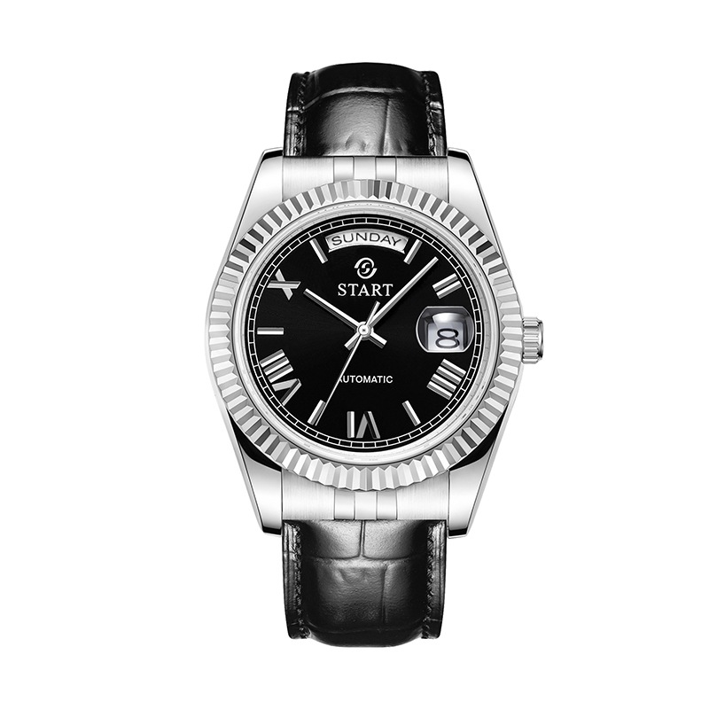 メンズ腕時計ローマ数字ダイヤルスイスの全自動機械式ムーブメントファッションレザーウォッチ防水日付曜日機能