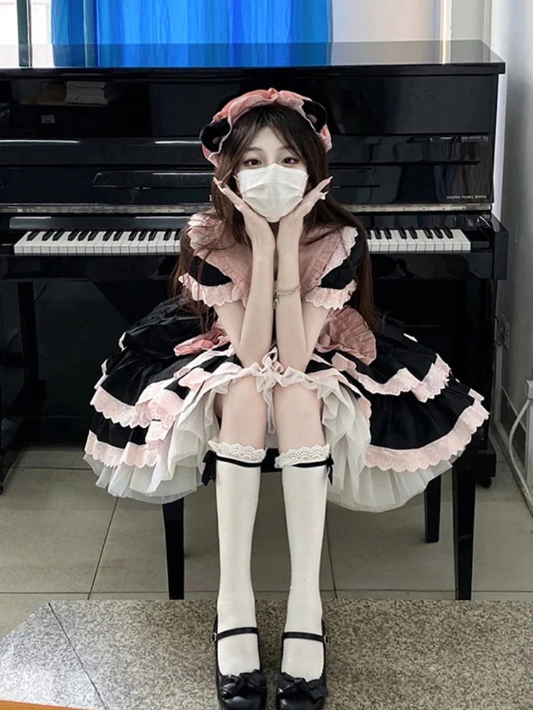 Lolita プリンセスワンピース甘めメイド風ポンポンスカート 二次元 文化祭 メイド服