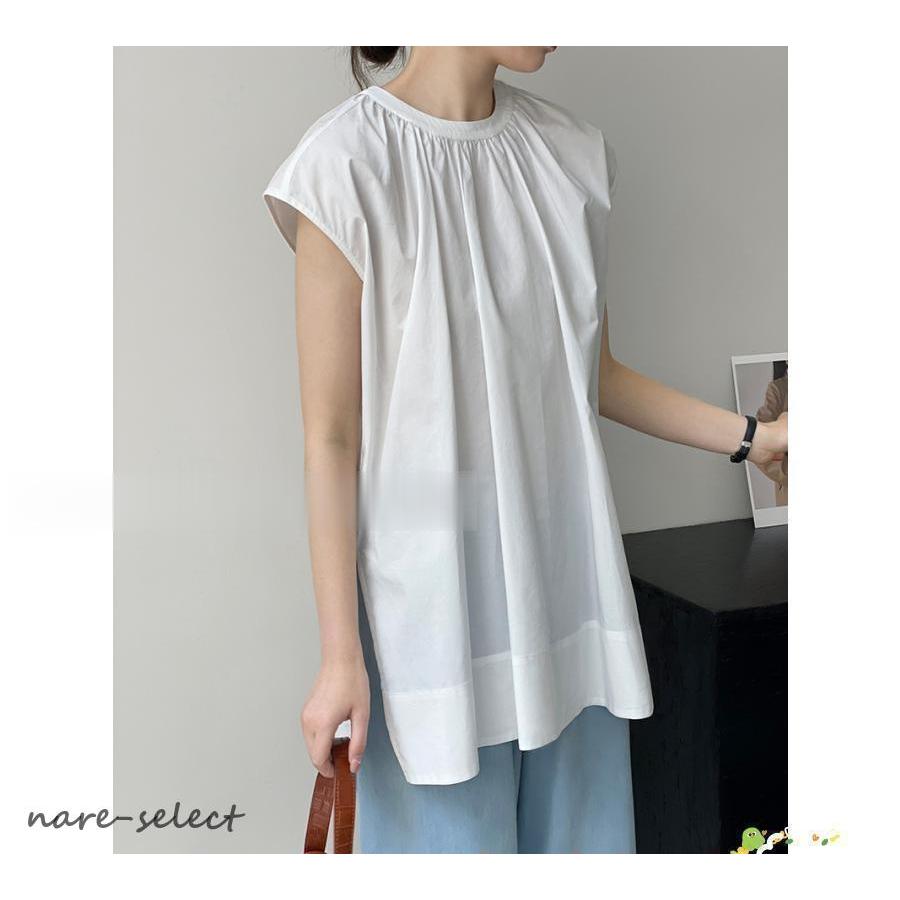 期間限定送料無料迅速な出荷 ブラウス レディース サイドスリット バンドカラー フレンチスリーブ フレア ノースリーブ 綿 コットン プルオーバー チュニック シャツ カットソー