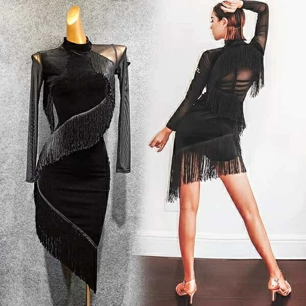 【激安開催！】社交ダンス ラテンドレス 長袖 フリンジ付き ラテンダンス ダンス衣装 ワンピース 練習着 チャチャチャ ラテン ステージ衣装 演出着 演出用 舞台 S/M/L/2L ブラック代引不可