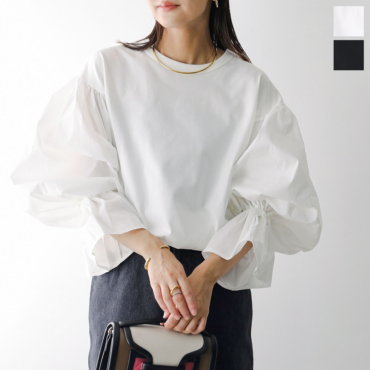 anana アナナ カットソー a12-010 レディース キャンディースリーブ 異素材 ドッキング クルーネック 長袖 カラー2色