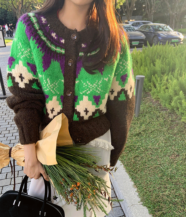 ラウンドネックアーガイル配色ショートカーディガン