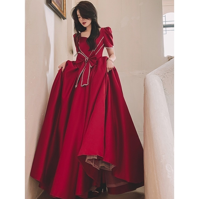2024 ドレス トーストウェア花嫁 新しいサテンレッドハイエンドの雰囲気ハイエンド婚約結婚式のイブニングドレス女性夏 5,221円
