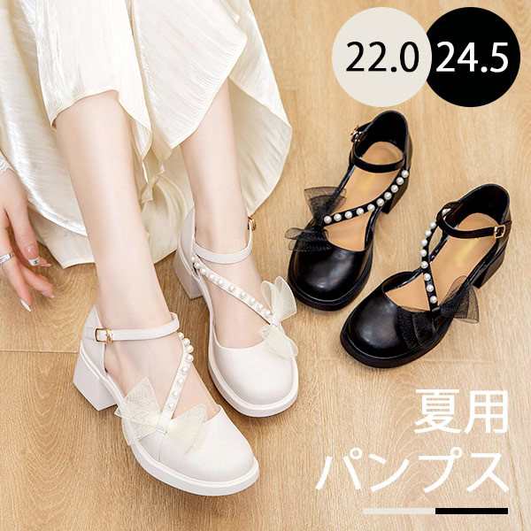 パンプス ヒール5cm 夏用 サンダル 太いヒール リボン レース チャンキーヒール ラウンドトゥ ストラップ アン