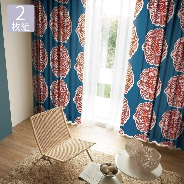 カーテン 遮光 2級 幅100x丈200cm (2枚組）大輪 花柄 フラワー 植物柄 掃出窓 100x200 日本製 おしゃれ 丸洗い 洗える 形状記憶加工 既製 リビング 引っ越し 国産