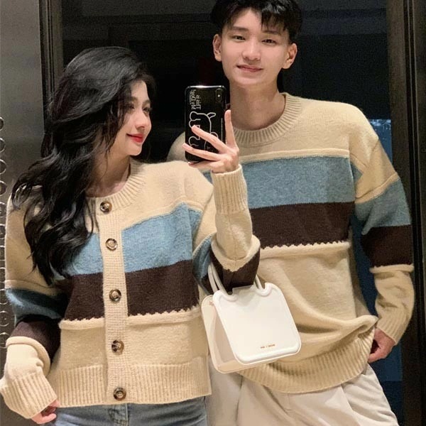 カーディガン セーター ペアルック メンズ レディース お祝い プレゼント クリスマス ニット ベージュ 秋冬 カップル 恋人 親友 友達 姉妹 韓国 おしゃれ 可愛い 暖かい トップス 旅行 S M