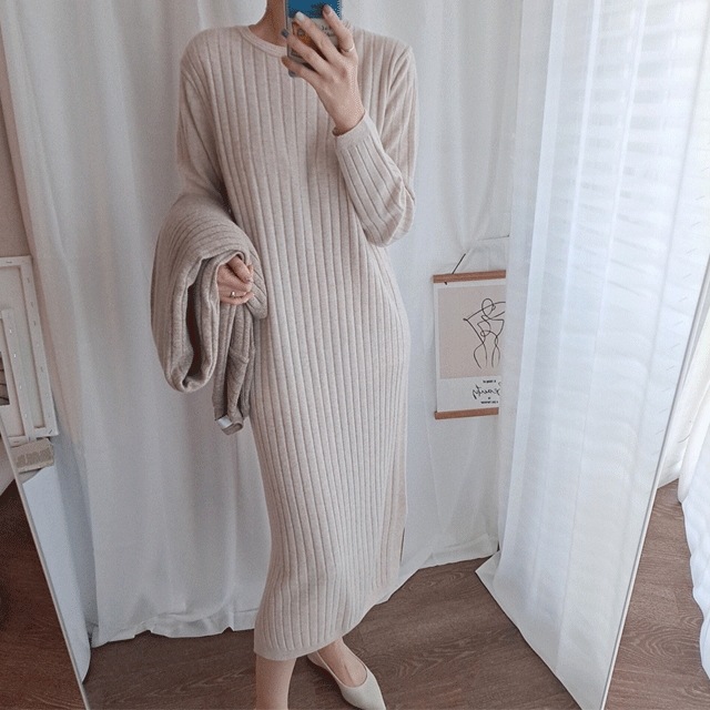 カシミア 腰紐 リブ ニット ロング ワンピース