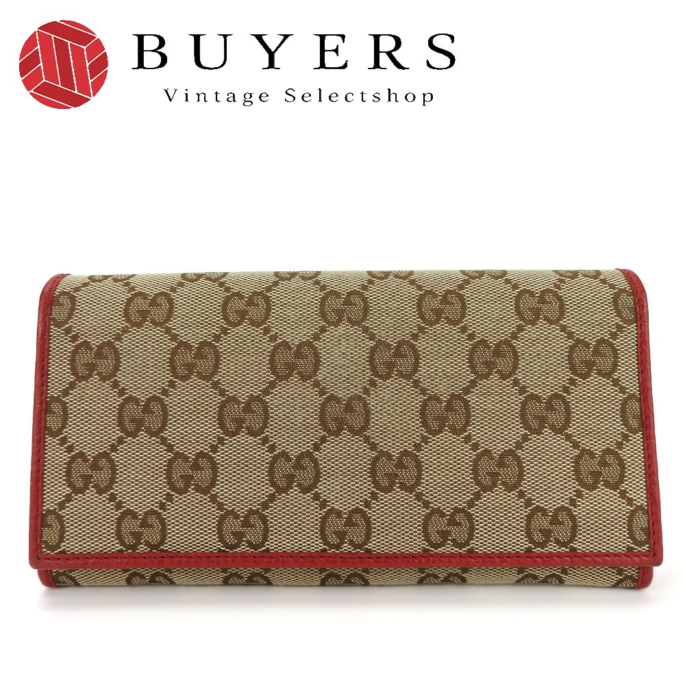 中古 二つ折り財布 346058 GGキャンバス ベージュ レッド 長財布 レディース 女性