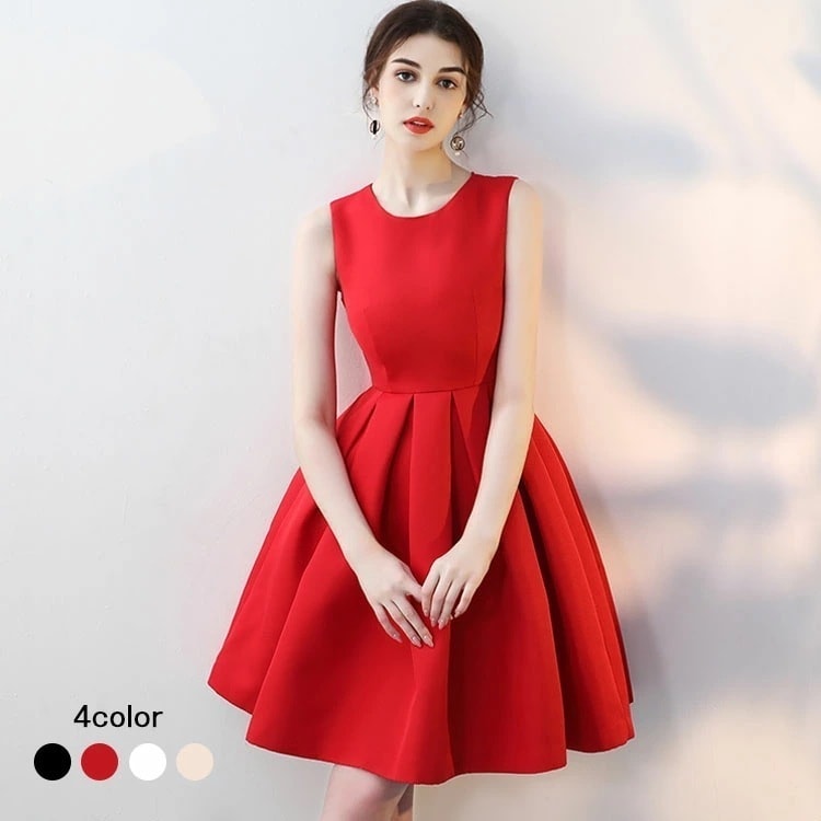【激安開催】ドレス 大人 ピアノ 発表会 パーティードレス 結婚式 ワンピース お呼ばれ フォーマルドレス 演奏会 ノースリーブ Aライン 膝丈 バックリボン ショート丈 ホワイト ブラック レッド