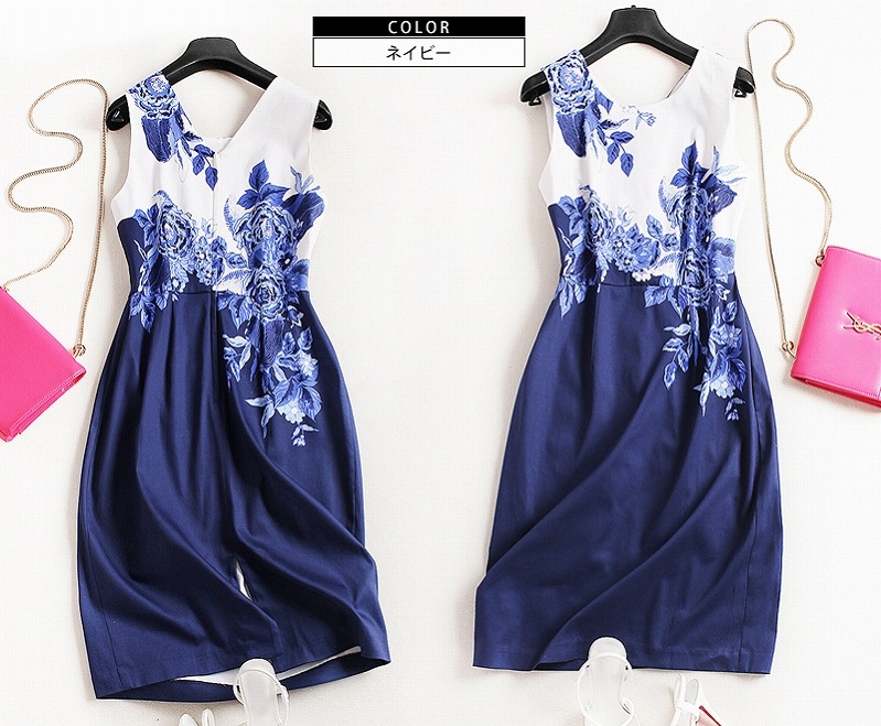 ノースリーブ ミディ丈 花柄 パーティードレス 七五三 レディース Iライン フォーマル ドレス お呼ばれ 袖なし ワンピース 二次会 パーティ スレンダーライン 膝丈 結婚式 タイトワンピース