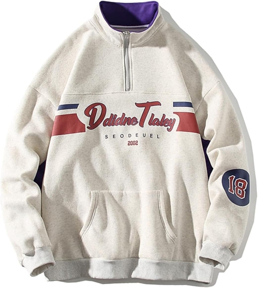 長袖パーカー ハーフジップ フルオーバー メンズ プリント ポケット付き ステンカラー ビックシルエット 秋 冬 高襟 防風防寒 薄手 吸汗 復古 韓国 個性的 カッコイイ 服 男女兼用 若者