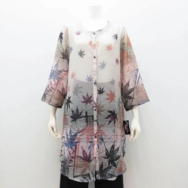 五分袖 七分袖 シャツ ブラウス トップス レディースファッション ハッパ柄 シアーブラウス 1枚で