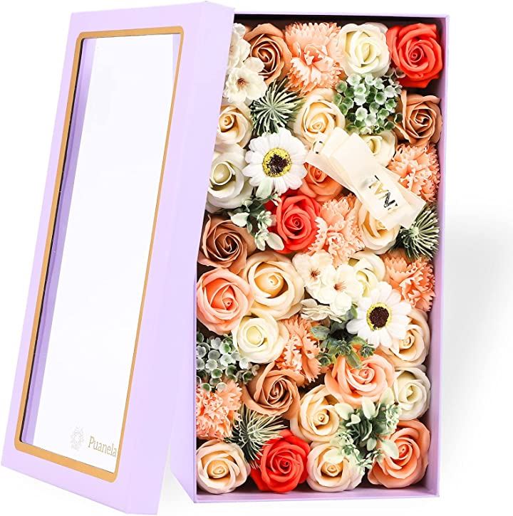 フラワーデザイナー監修 ソープフラワー 大きな BOX プレゼント 女性 ギフト 人気 誕生日 母の日 退職 開店 お祝い 造花 バラ カーネーション( オレンジ)