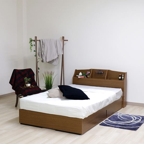 ベッド 日本製 ブラウン ダブル マットレスセット ポケットコイル 収納付き 引き出し付き 棚付き 宮付き コンセント付き 照明付き ダブルベッド 46,609円