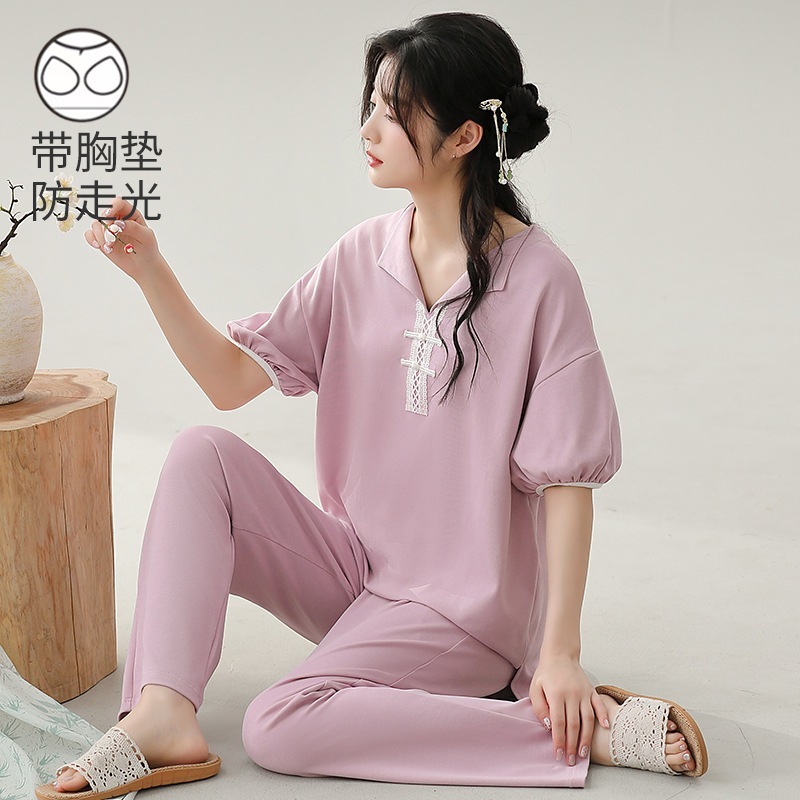 2025 新しい中国風パジャマ女性用胸パッド付き夏薄い純綿半袖ズボン中国風の家庭服スーツ