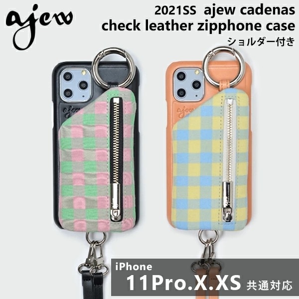 11Pro/X/XS対応 check leather zipphonecase ひも付