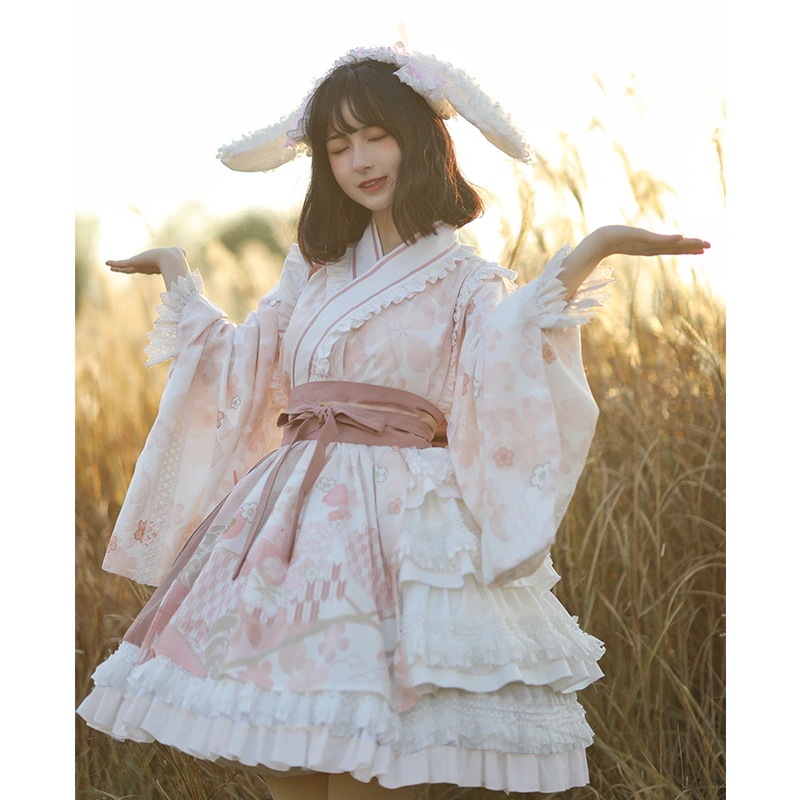 和風ロリータ 振袖 可愛いプリント ロリータドレス ピンク コスプレ ロリータワンピース コスチューム jsk 文化祭