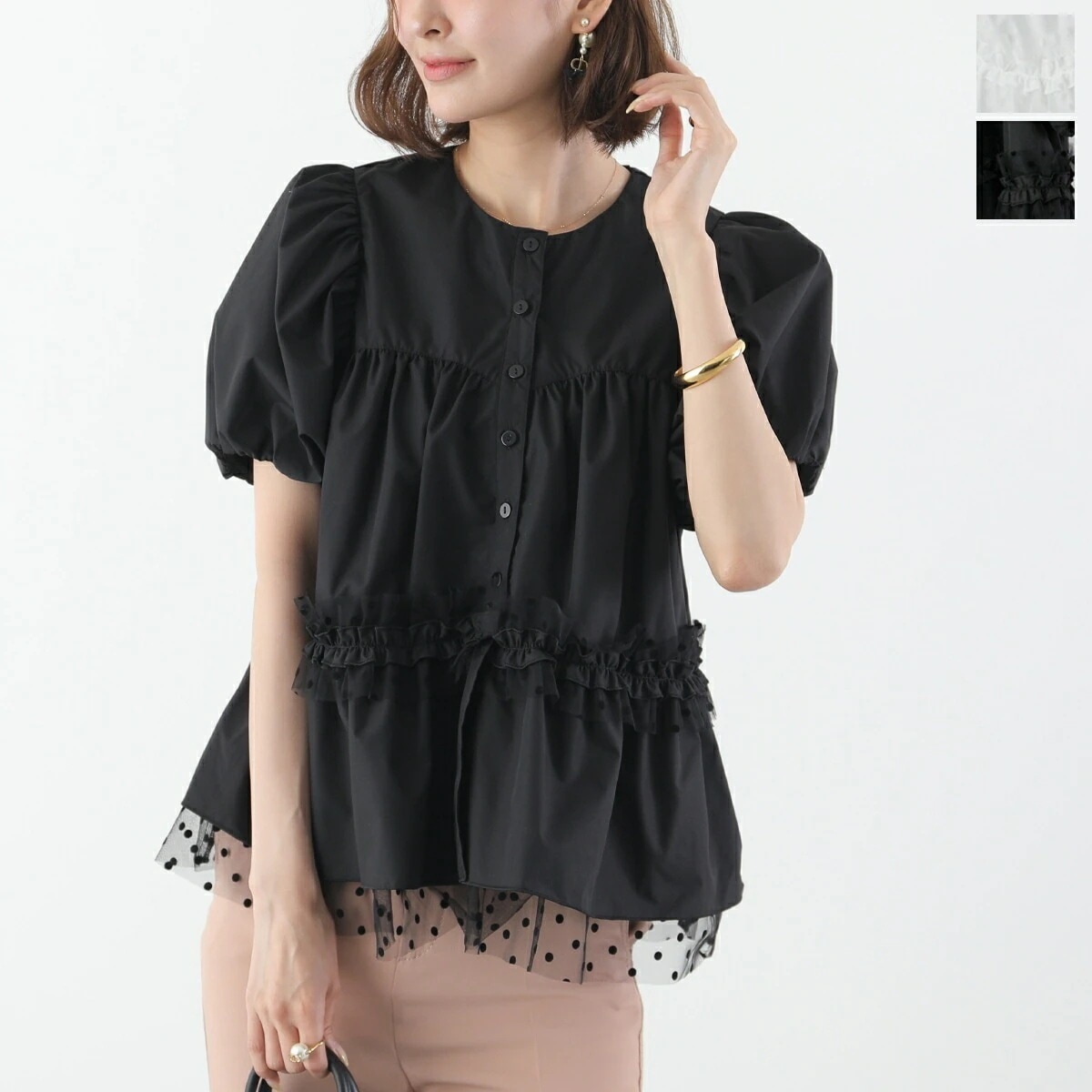 PICCIN ピッチン ブラウス ドットチュールペプラム 906410 レディース シャツ フリル ギャザー ノーカラー 半袖 カラー2色