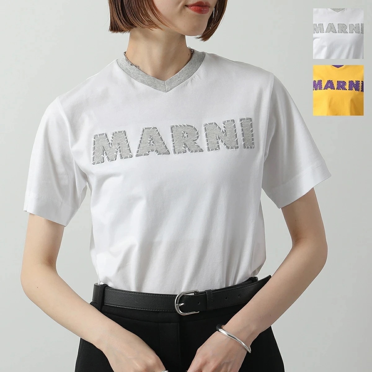 MARNI KIDS マルニ キッズ Tシャツ M01412 M00HZ レディース ガールズ Vネック 半袖 ロゴ刺繍 ステッチ バイカラー カラー2色 14,169円
