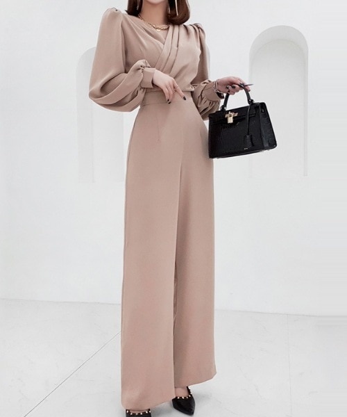 レディース パーティードレス パーティー 結婚式 二次会 披露宴 謝恩会 ロング 長袖 ボリューム Vネック スリム パンツ 細身 きれいめ シンプル 上品 かっこいい クール エレガント フォーマル