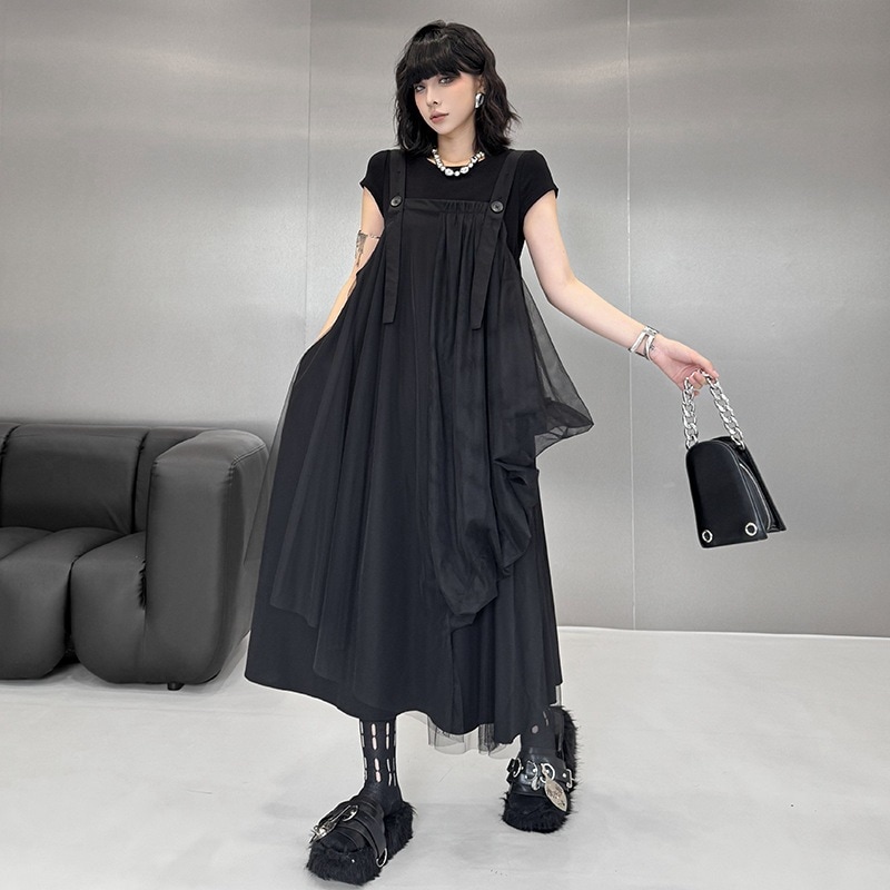 【Noir Mode】メッシュ スプライシング バックドレス 夏 新作 ゆったり ファッション ミディ丈ドレス