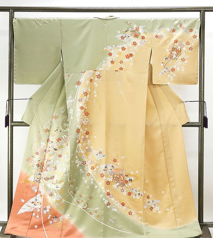 単衣 訪問着 新品仕立済 正絹 単衣 枝垂れ桜御所車模様 訪問着 新品 仕立て上がり 着物