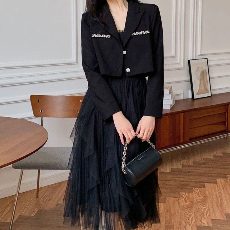 セット アップ キャミワンピース 春 メッシュ 切り替え 木耳縁 ゆったり 発表会 2点セット スーツトップス+キャミソールワンピース 入学 演奏会 卒業式 ママスーツ セットアップ 5,677円