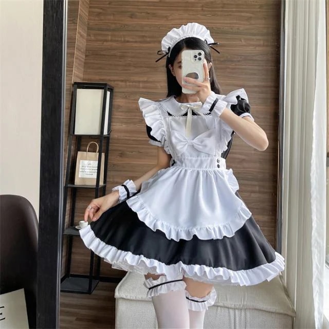 メイド服 ロリィタ ロリータ ワンピース コスチューム 飾り付き エプロン 髪飾り 腕飾り 股飾り リボン 文化祭 学園祭 メイドカフェ Lolita コスプレ衣装 アニメ 可愛い ホワイト ブラック