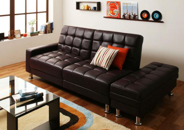 マルチソファベッド 収納スツール 多機能ソファベッド モダン キルティング加工 3段階リクライニング 205cm幅広ベッド 合成皮革 3カラー