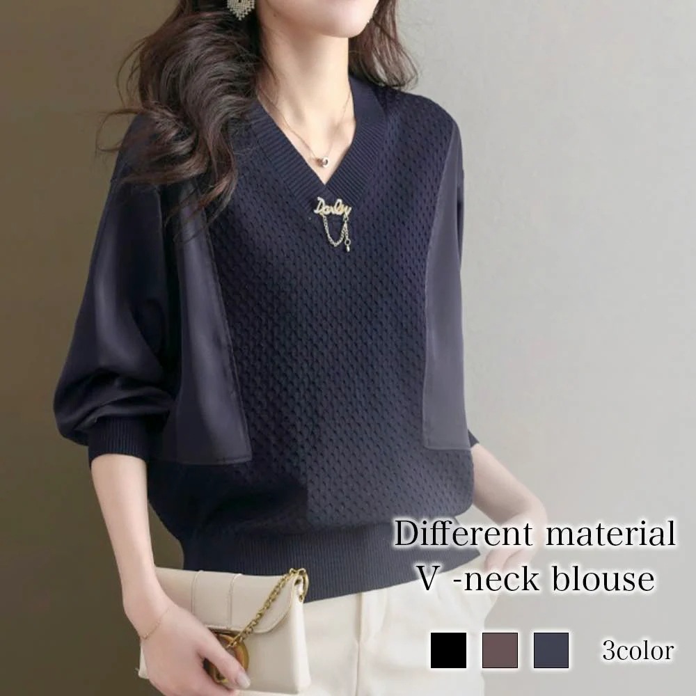ブラウス レディース 異素材Vネックブラウス フリル ブランド きれいめ スーツ ワンピース 長袖 カットソー 冬 Tシャツ ノーアイロン 事務服 高品質 オフィス レース 黒 おしゃれ ボウタイ 春
