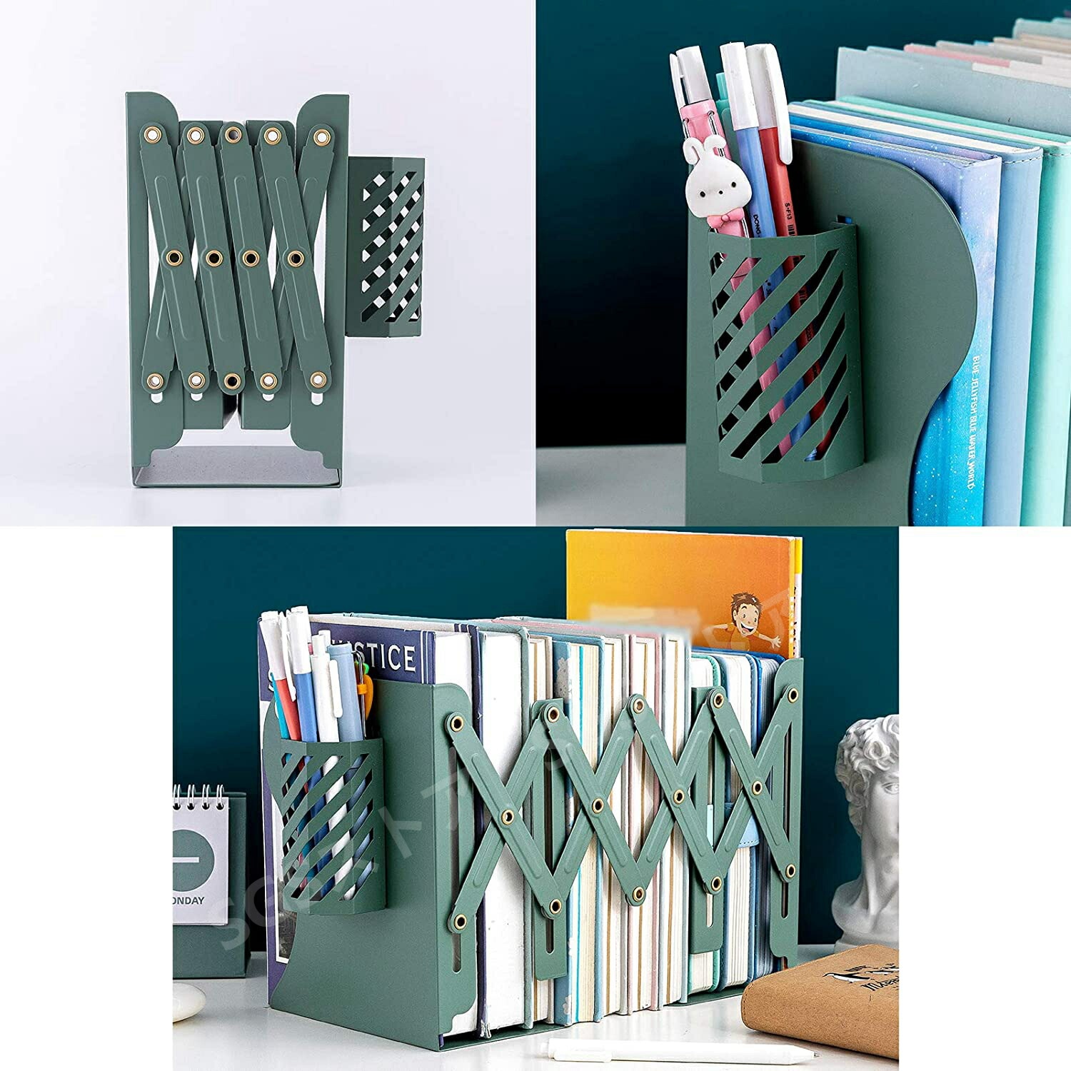 本立て　ブックエンド　伸縮自在　筆立て付　卓上収納　ブックスタンド　仕切りスタンド　メタル製　折り畳み式　多機能　大容量　書類入れ　書類/新聞/ファイル/本入　無地　おしゃれ　ホワイト