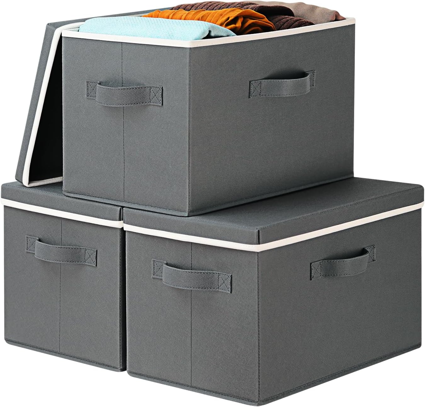 収納ボックス 蓋付き 折り畳み 3取っ手付き 布製 幅40×奥行30×高さ26cm 押入れ収納 雑誌収納 グレー 3個セット