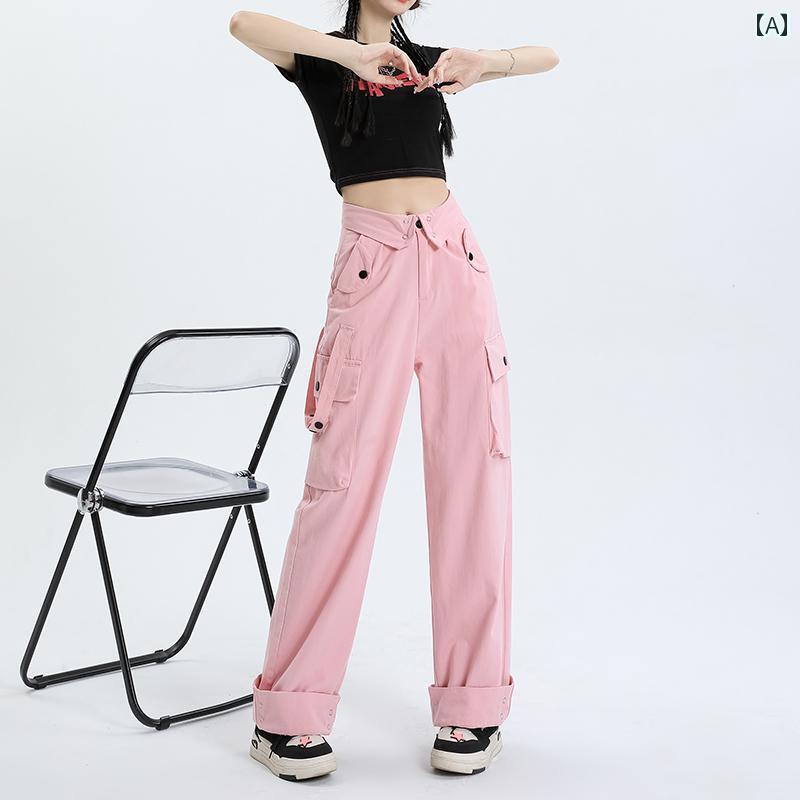 カーゴパンツ レディース おしゃれ カジュアル ハイウエスト 秋冬 ワイドパンツ マルチポケット ストレート 速乾 韓国 薄手 ポケット ピンク グレー