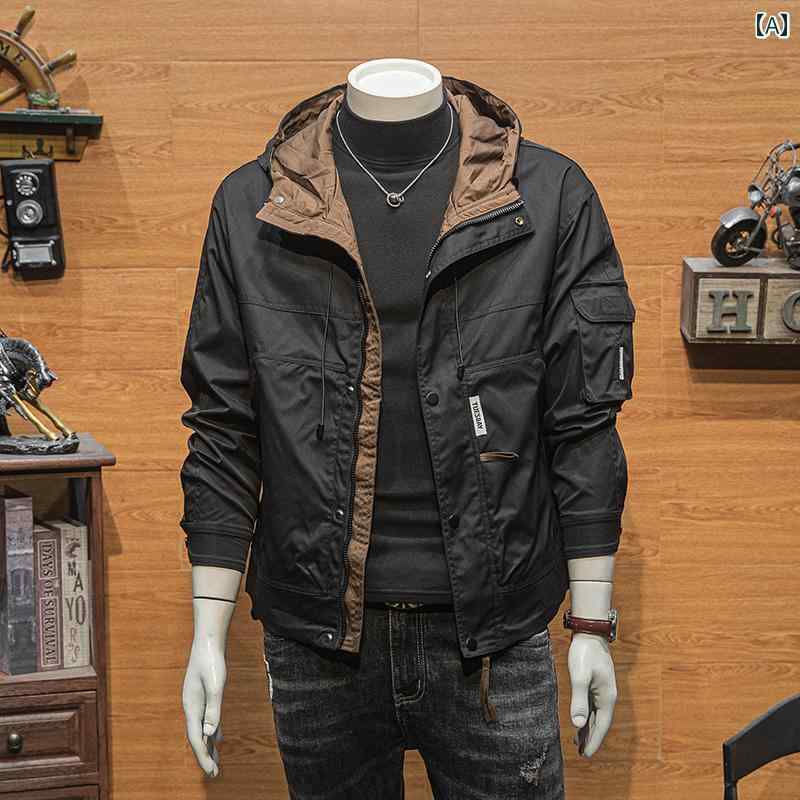 メンズ ファッション ジャケット 春秋 ワークウェア トップス ショート カラー ブロック フード ジャケット
