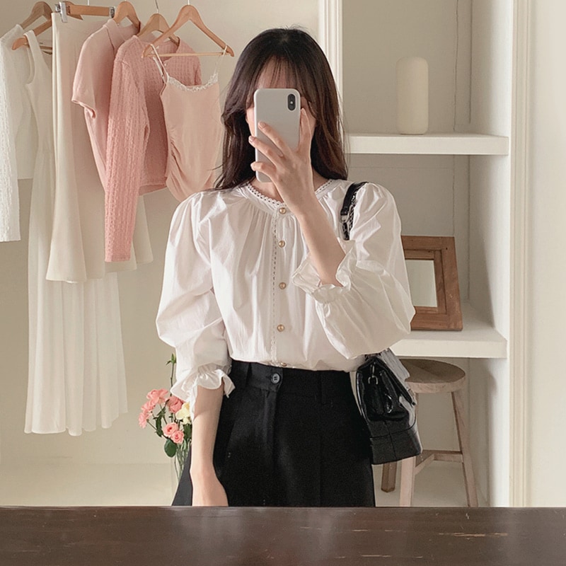 [tbs0454] 韓国ファッションティエモ レース コットン ブラウス