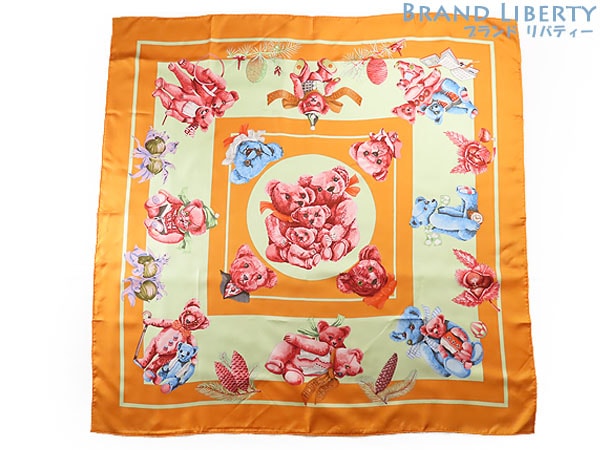 超美品エルメスカレ90CONFIDENTSDESCOEURS心の友テディベア大判スカーフストールショールオレンジシルク100％ 26,064円