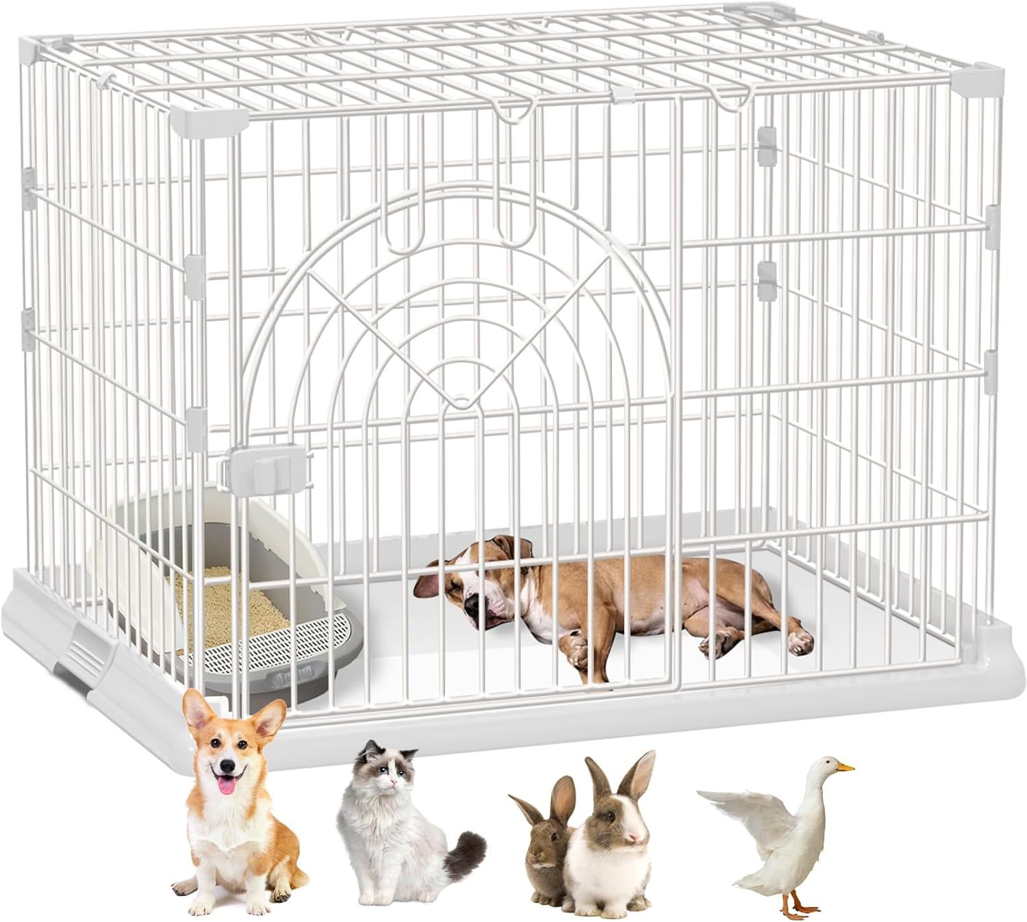 犬のケージ 犬 サークル ペットサークル 屋根付き ペットケージ ケージ 組立簡単 掃除簡単 犬用 小型犬用 脱出防止 室内外兼用 ペット用品 (ホワイト 100x65.5x63cm)