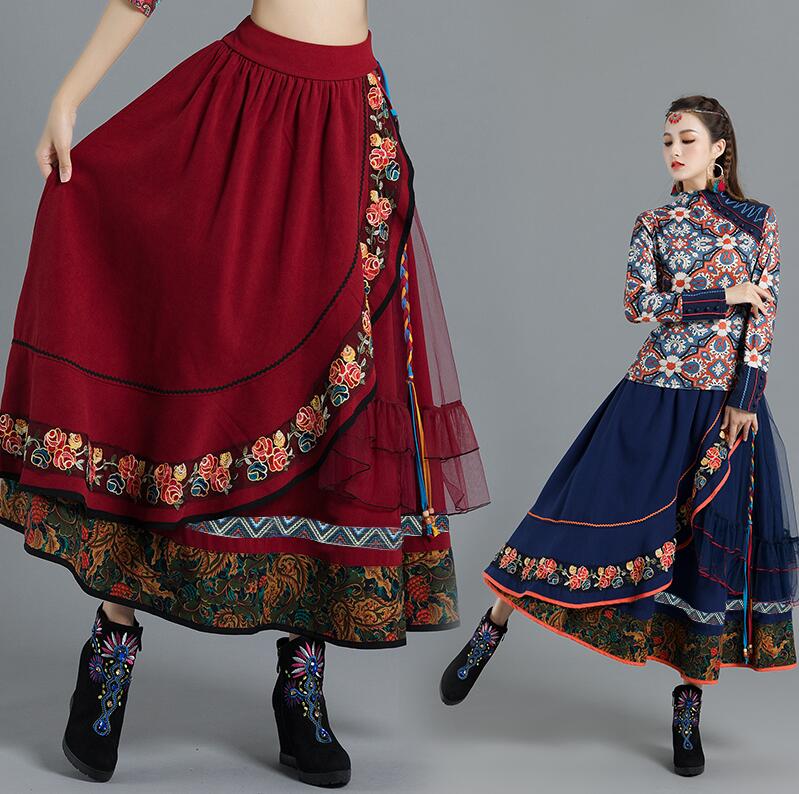 春スカート レトロ Aライン ロング スカート ミモレ丈 エスニック 民族風 花刺繍 フリル チュチュ フレア スカート ナチュラル 春 秋 冬 エレガント 大きい裾 広がる スカート ワインレッド
