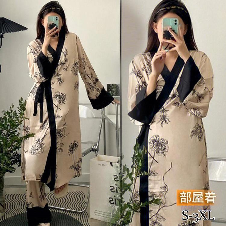 【急速出荷!】ネグリジェ レディース ナイトウェア ロング丈 長袖 2点セット プリント 花柄 ひんやり ウエア 部屋着 カジュアル 春秋 おしゃれ 高級感 4,852円