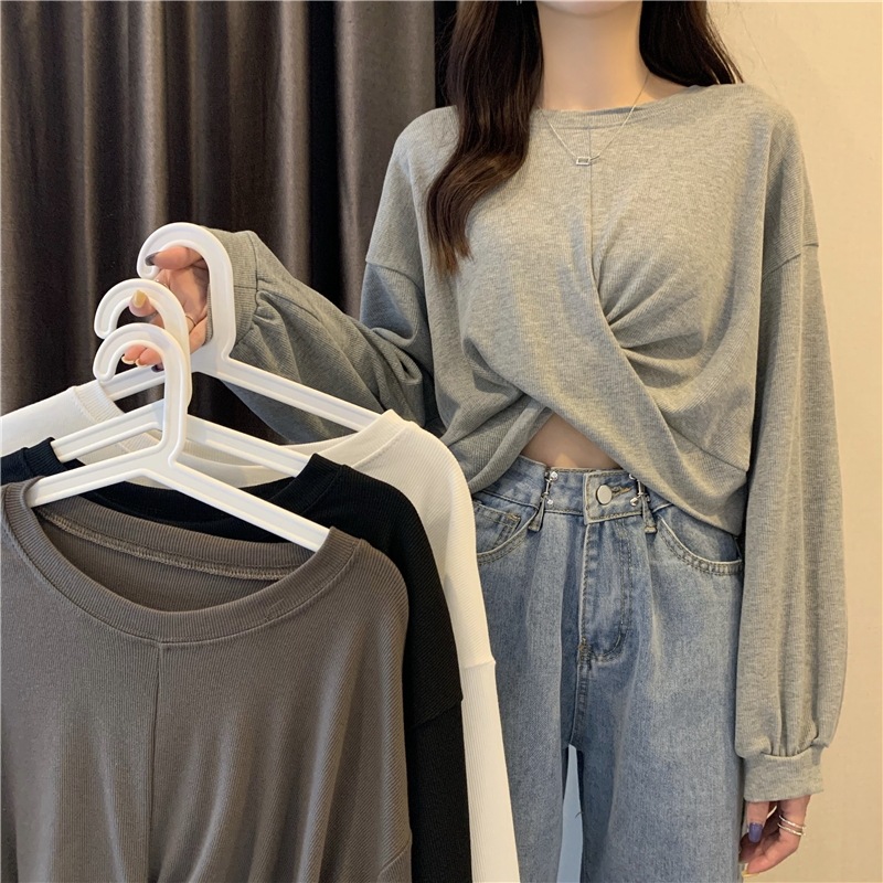 レディース トップス スウェット クロスオーバー ミドル丈 へそ出し 長袖 ラウンドネック ストレート 大人可愛い カジュアル おしゃれ かっこいい こなれ感 メンズライク ガーリー 20代 春