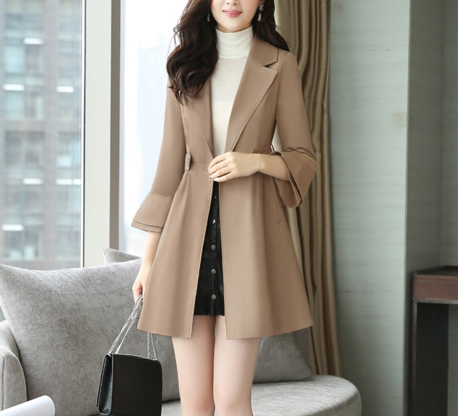 アウター コート 上着 袖あり 7分袖 七分袖 Vネック 襟付き Aライン フリル ベルト ポケット ハイウエスト 前開き 薄手 かわいい 大人可愛い きれいめ シンプル カジュアル 大人 上品