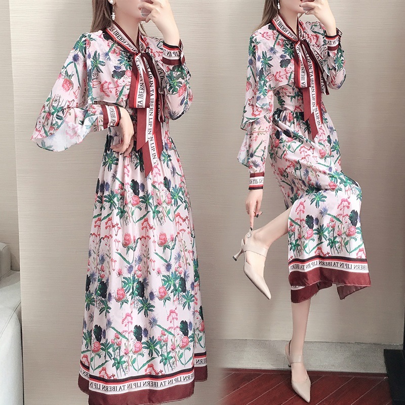 レトロスカーフ 英字プリント 花柄シフォン ロングワンピース 3色 OHCA0065その他 ワンピース・ドレス