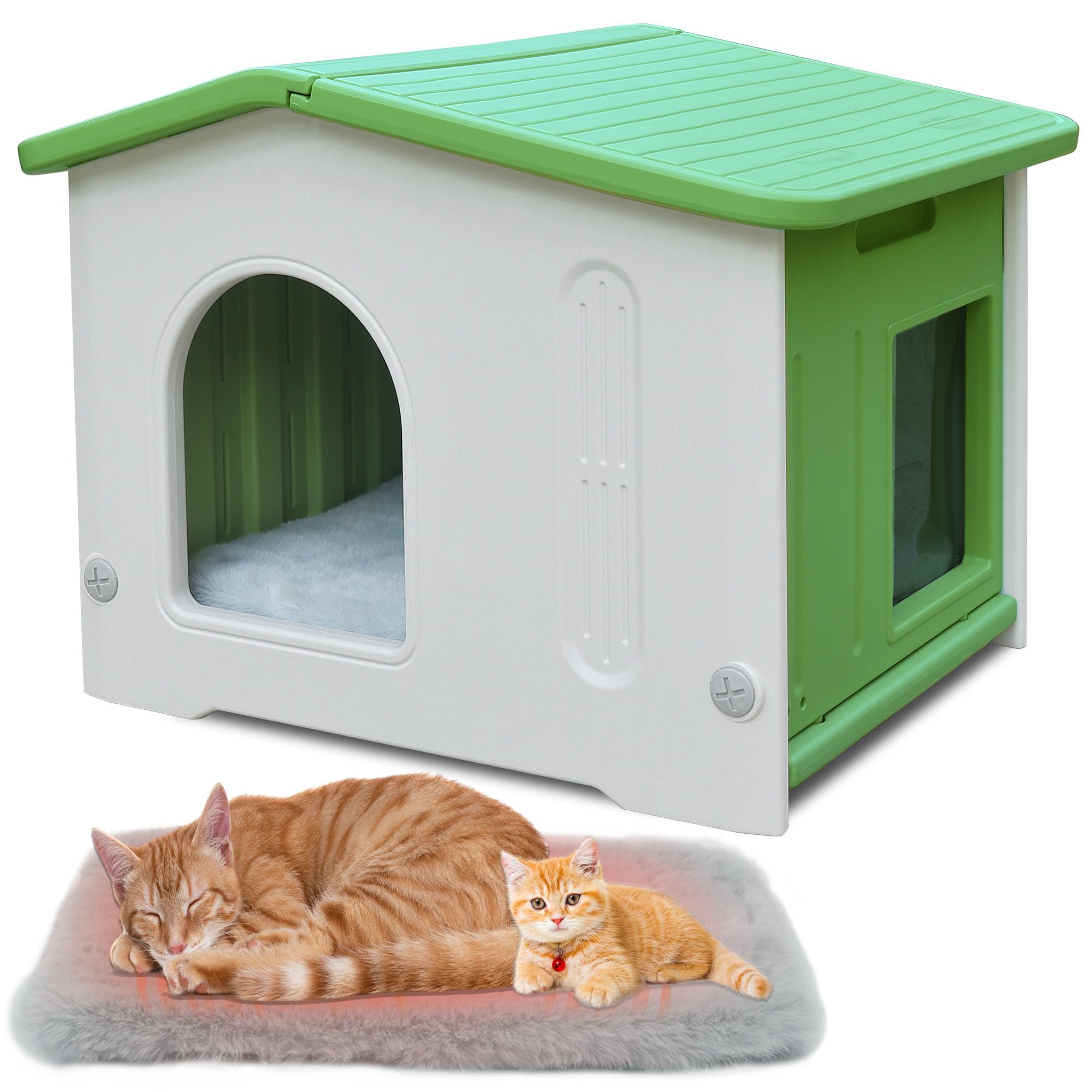 耐候性 屋内・屋外兼用猫ハウス プラスチック製 野良猫シェルター（脱出口＆ソフトマット付き）／ 小動物向け屋外シェルター - ゆとりスペース・簡単組み立て（グリーン色）