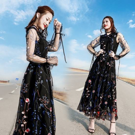 在庫僅少パーティードレス ロング丈 結婚式 パーティードレス 結婚式 黒 レース ワンピース レース ロングドレス 結婚式 お呼ばれ ロングワンピース ドレス マキシ丈 ワンピース 花柄 刺繍 大人