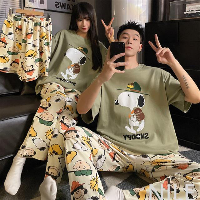 夏 スヌーピー ペアパジャマ ルームウェア ペアルック カップル パジャマ レデイース メンズ 寝巻き 男女セット 結婚祝い お揃い 部屋着 プレゼント