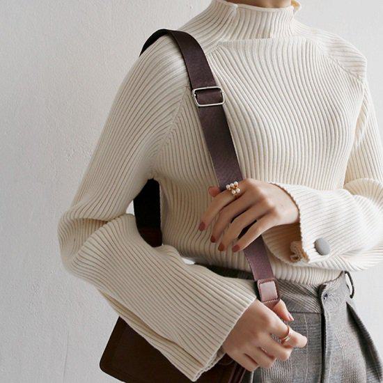 取寄ニット セーター ハイネック サイズ 体形カバー レディース 春秋服 新作 袖ボタン リブニット きれいめ おしゃれ かわいい ワンポイント 上品 シンプル オルチャン エレガント スタイリッシュ