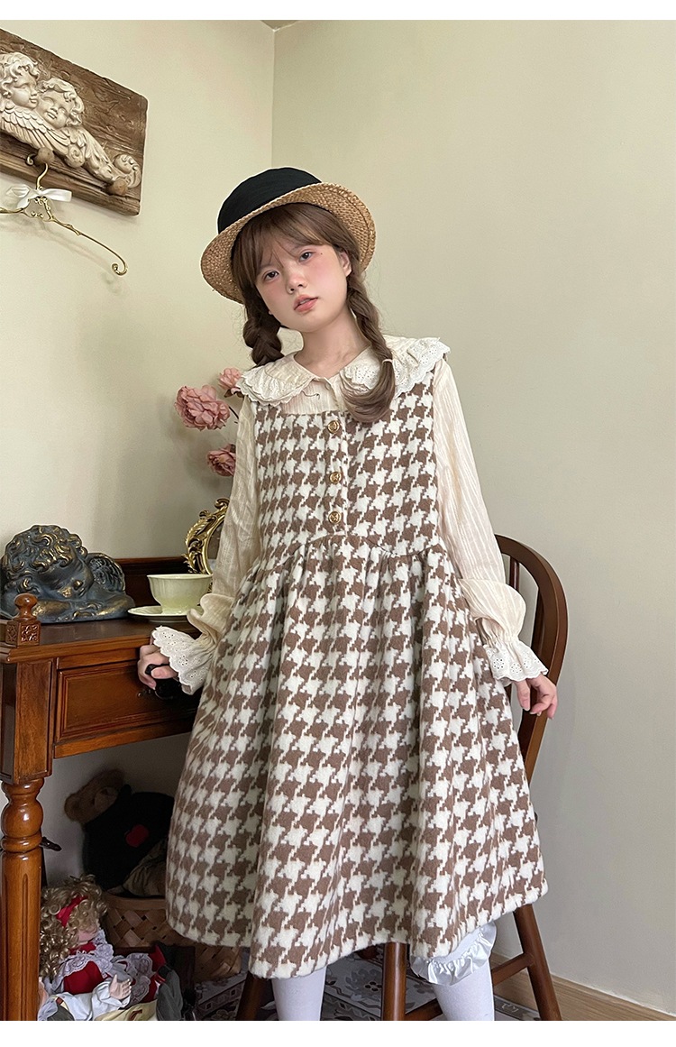 labeau】 チェック ボタン 刺繍 2WAY スクェアネック 袖なしミニ・膝丈