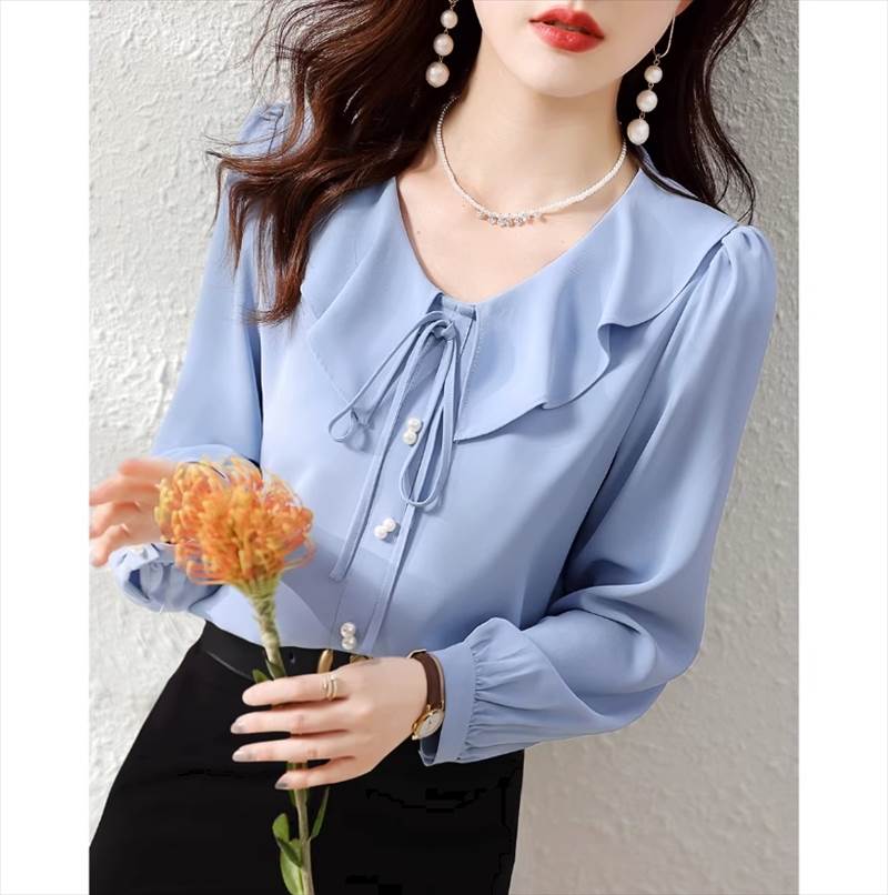 トップス シャツ 長袖 襟付き ラペル ストレート リボン パールボタン かわいい 大人可愛い きれいめ シンプル 大人 上品 おしゃれ お洒落 メンズライク 大人女子 無地 春 秋 10代 20代